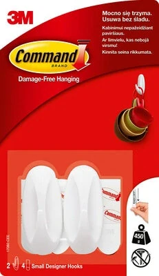 Command™ designový oválný hácek bílý malý, 2 ks, snímatelné lepicí pásky 4 ks, max. zatížení 450g